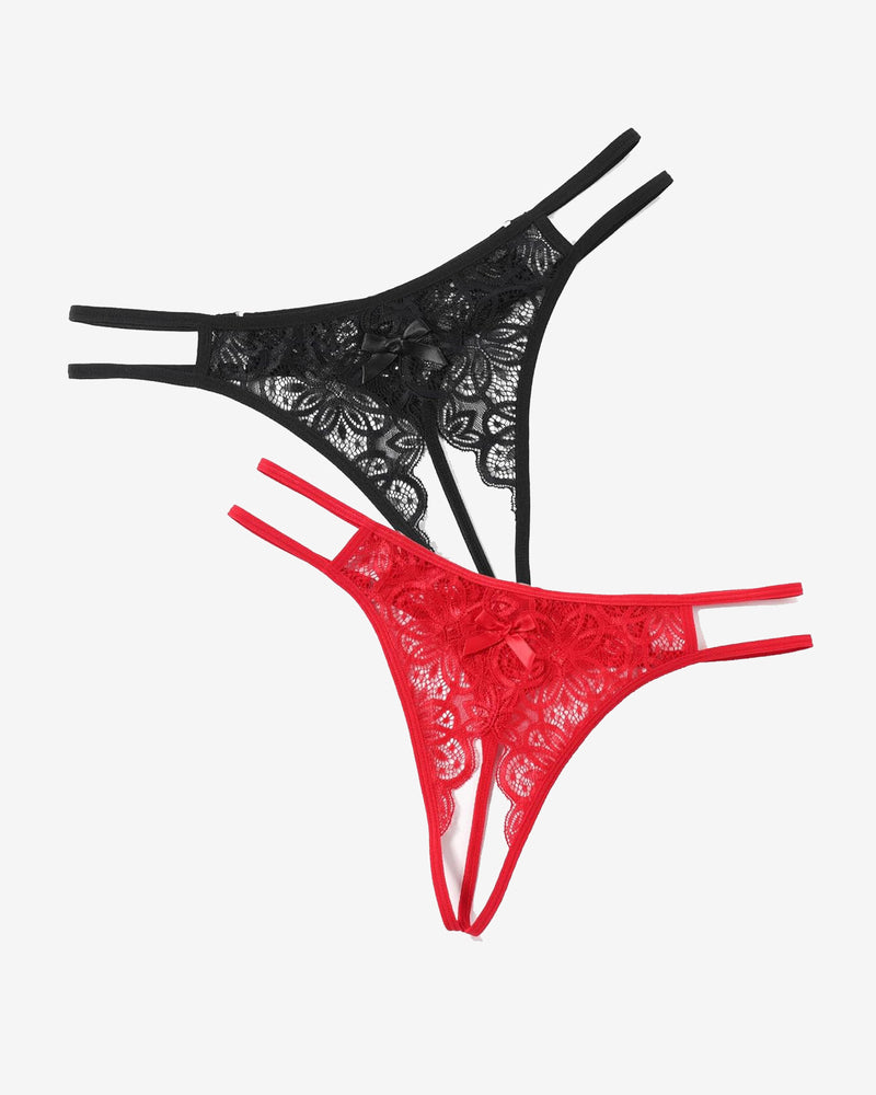 Black and red floral lace briefs with bow detail. Sexy low-rise design.