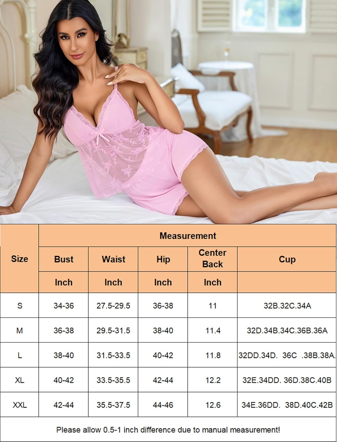 Pink lace cami pajama set with shorts, adjustable straps, bow decor, and size chart