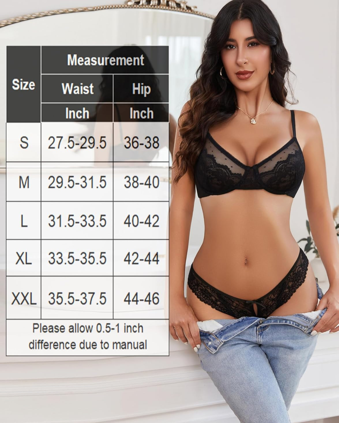 Black lace thong panty and bra lingerie set with size chart, perfect for romantic evenings