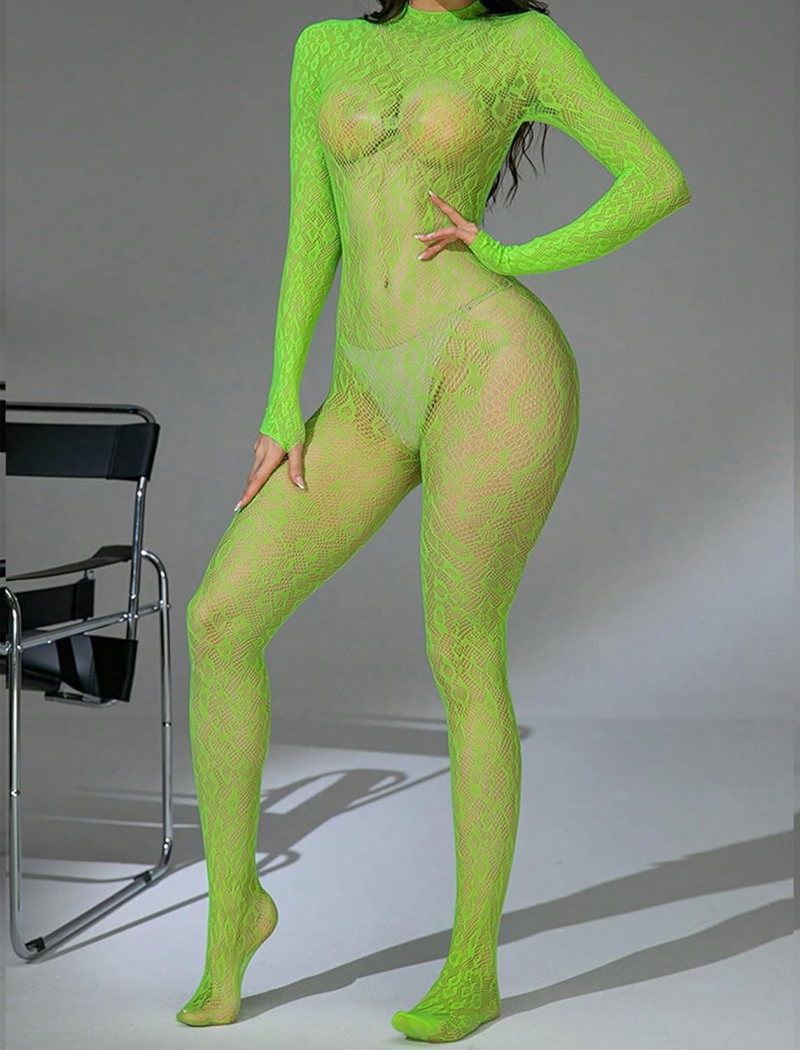 Green snake-skin fishnet bodysuit, mock neck, long sleeves. Sexy rave lingerie