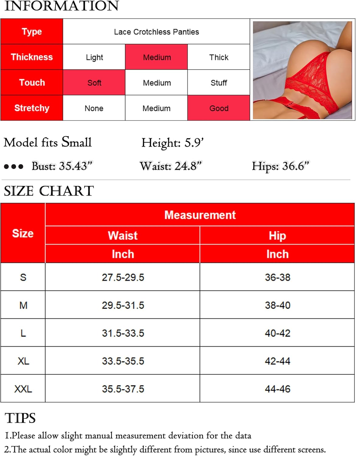 Red lace crotchless thong with lace detail, size chart, flirty panties