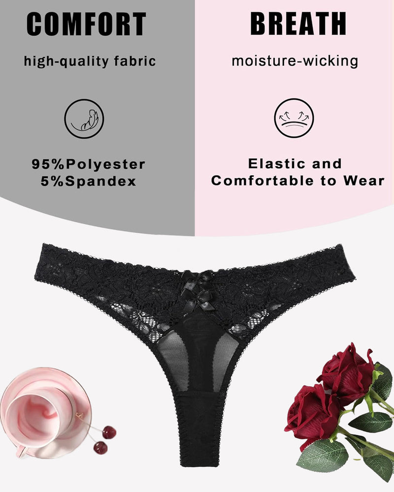 Black lace mesh thong panties, low waist design, comfortable and breathable, 95% Polyester