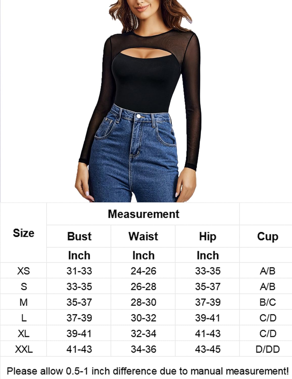 Black long sleeve bodysuit with mesh cutout, showcasing measurements and style for confident wear.