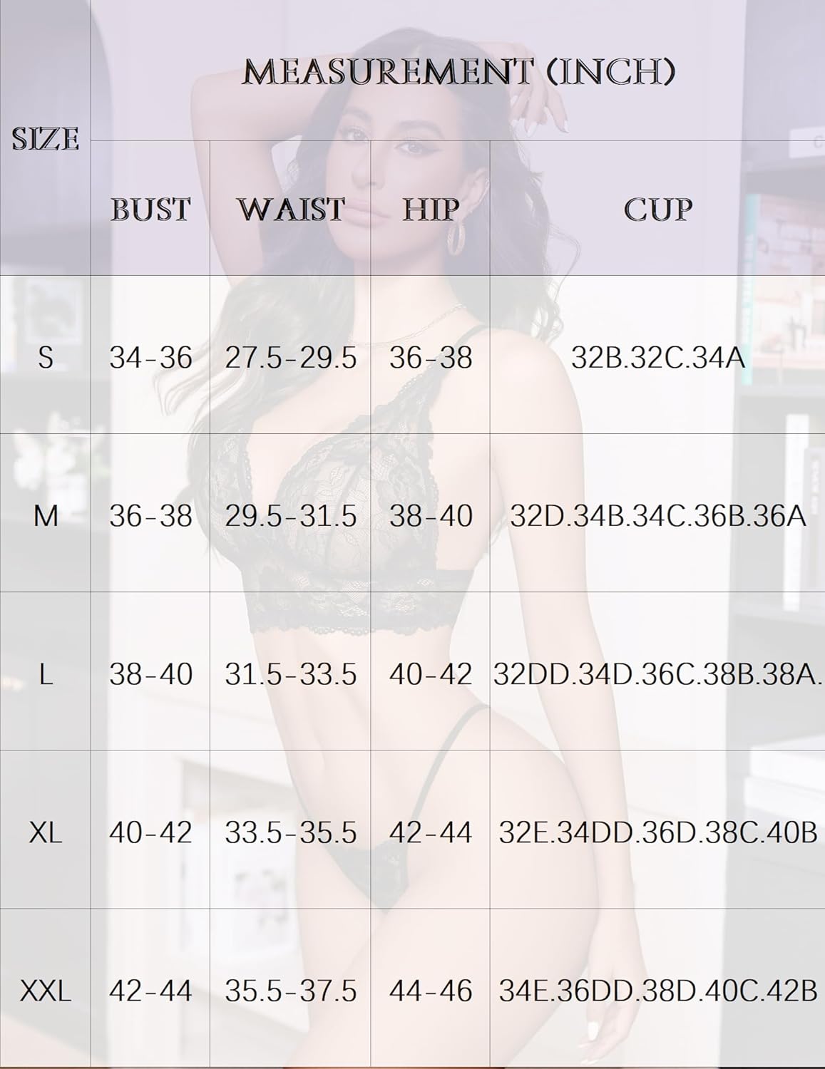 Lace bralette set size chart: bust, waist, hip, cup measurements in inches for sizes S-XXL.