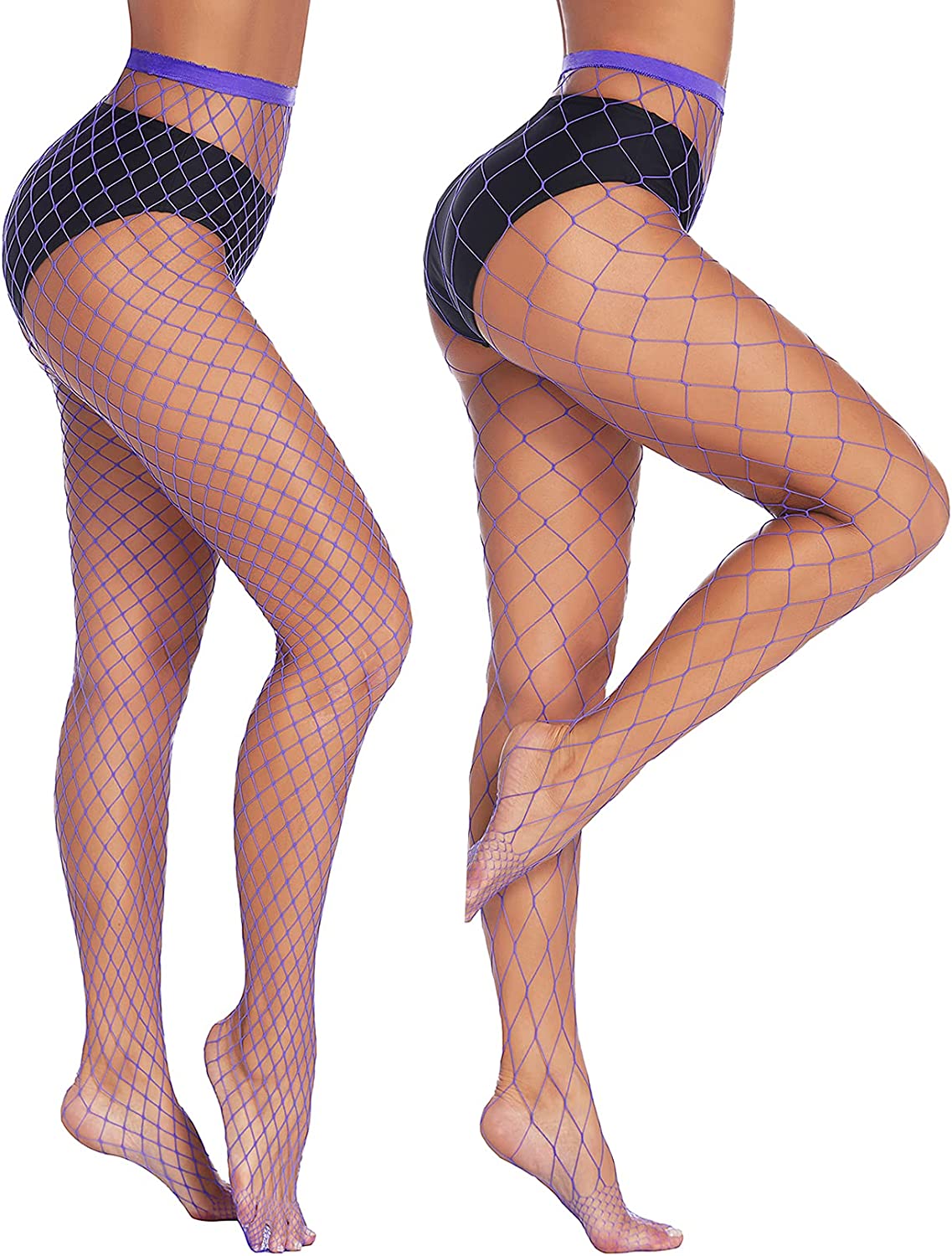 Purple diamond net fishnet stockings on models. Sexy and confident appearance, ideal for outfits.