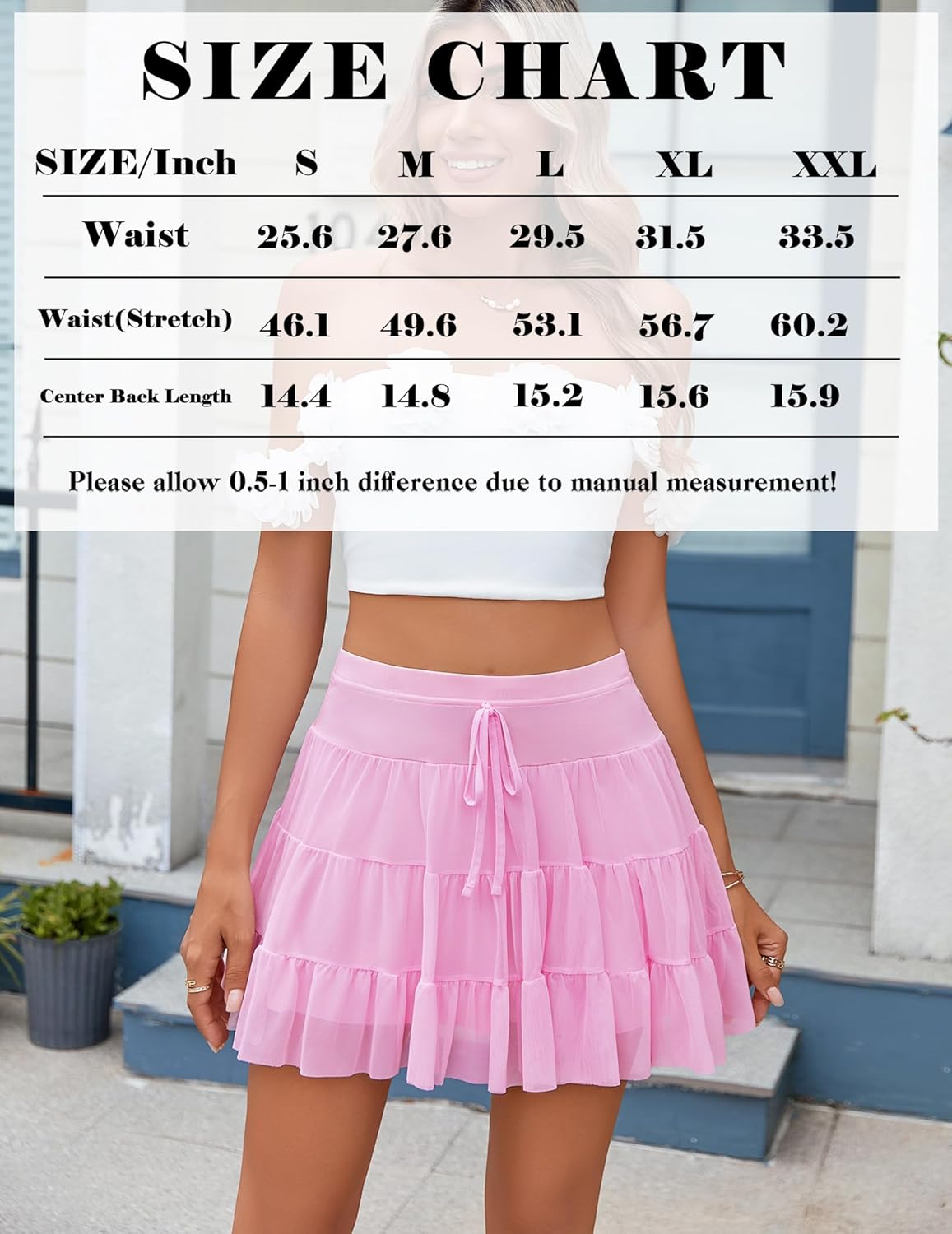 Pink pleated mini skirt size chart with waist and length measurements, available in sizes S to XXL