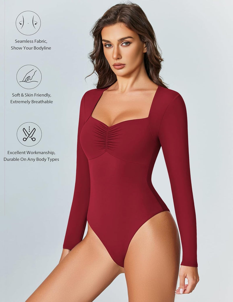 Sweetheart neckline bodysuit top, long-sleeve wine red, ruched bust, thong back