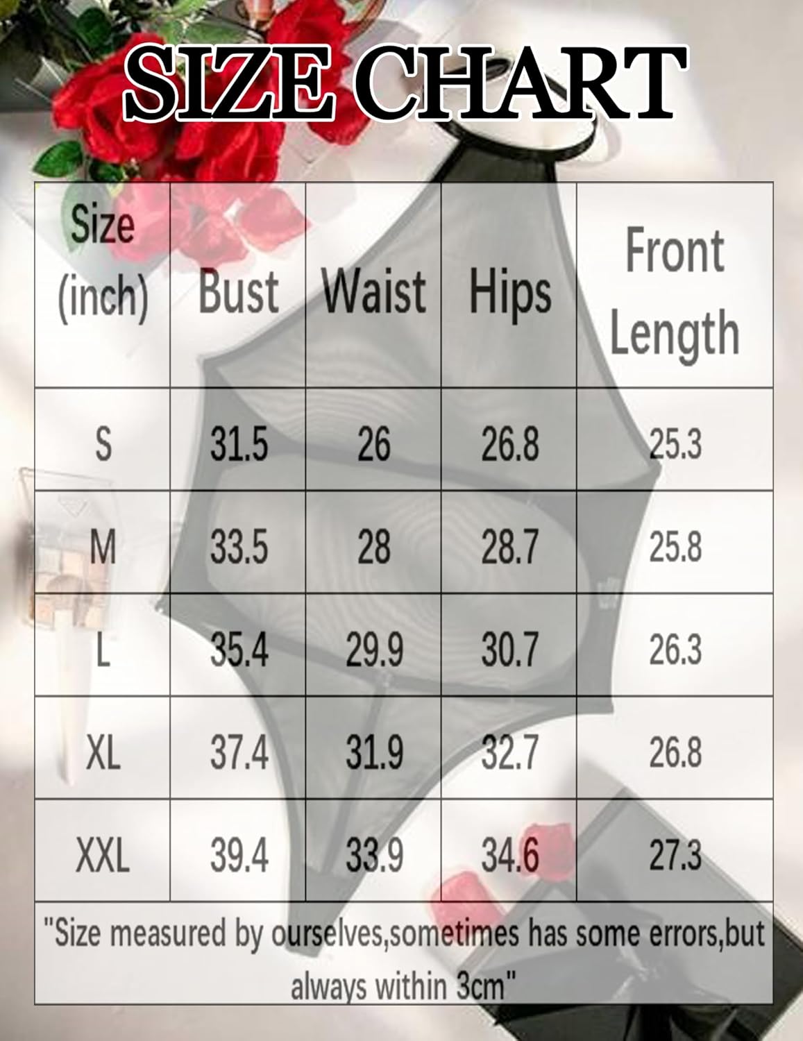 Mesh bodysuit size chart with bust, waist, and hip measurements for sizes S-XXL