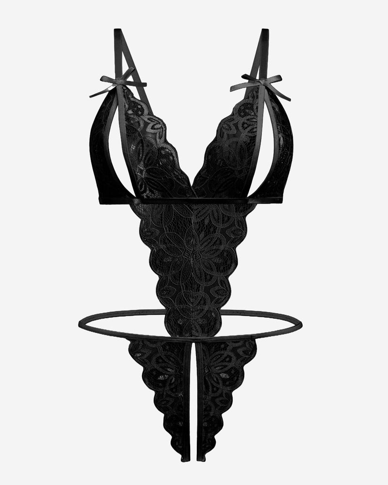 Black lace bodysuit with deep V neckline, adjustable straps, crotchless design, and bow details