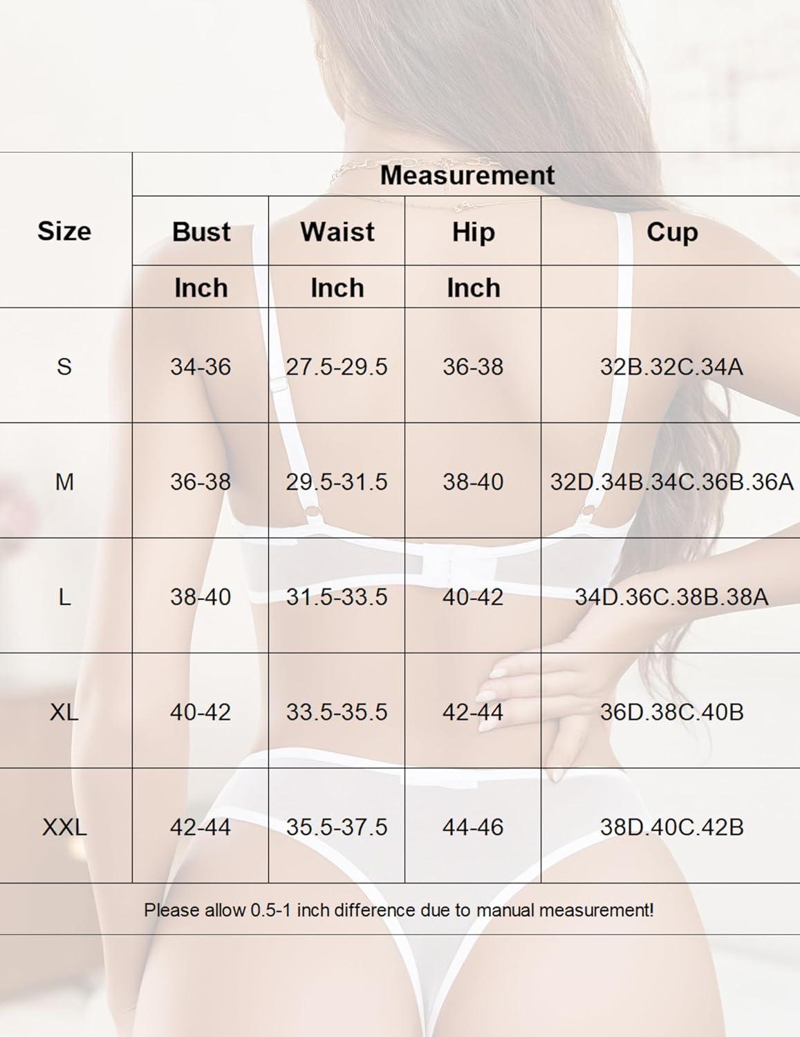 Mesh Lace Bra and Panty Set size chart: S-XXL sizes by Avidlove. Find your perfect fit.