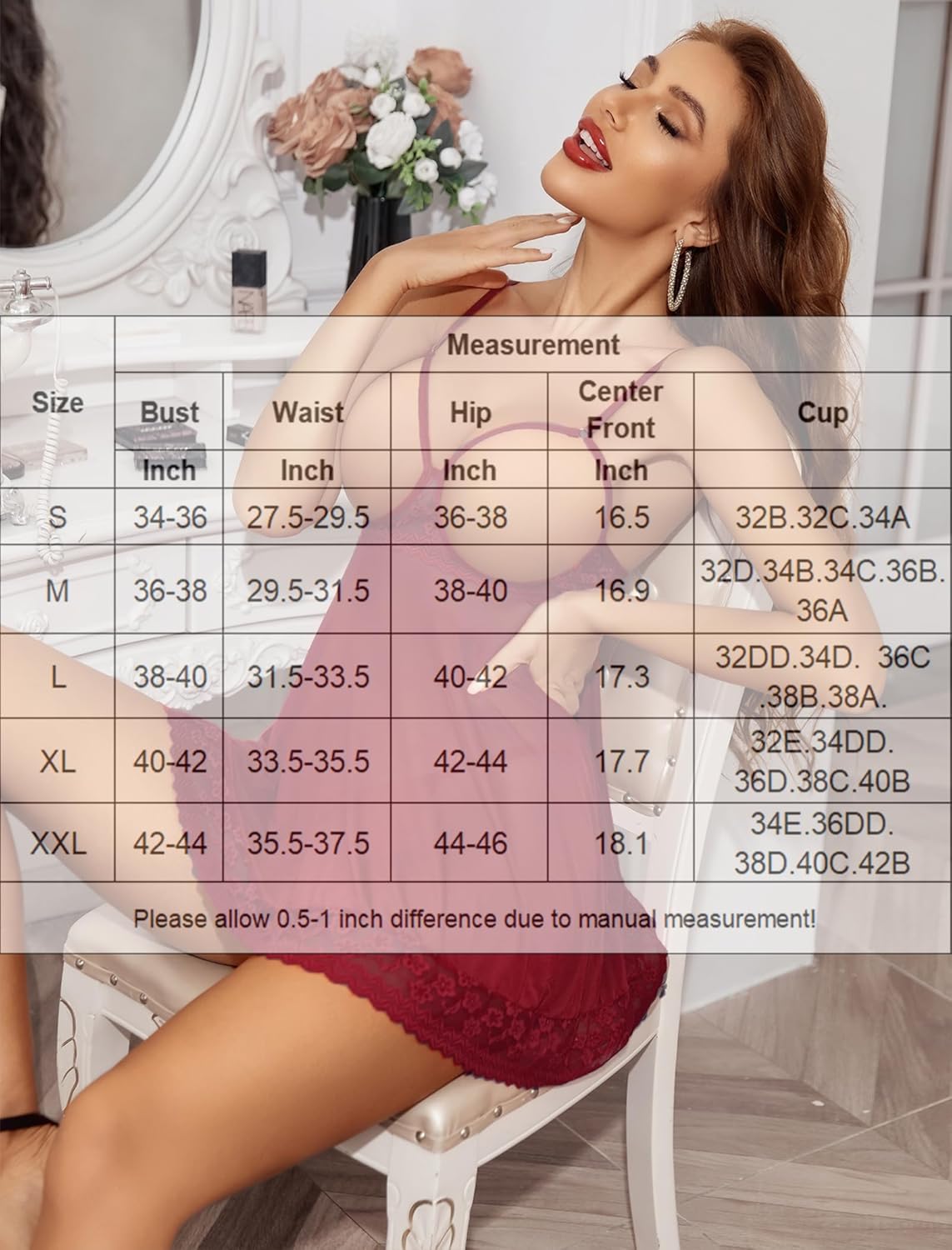 Burgundy lace babydoll crotchless panty set with size chart, adjustable straps, and lace details.