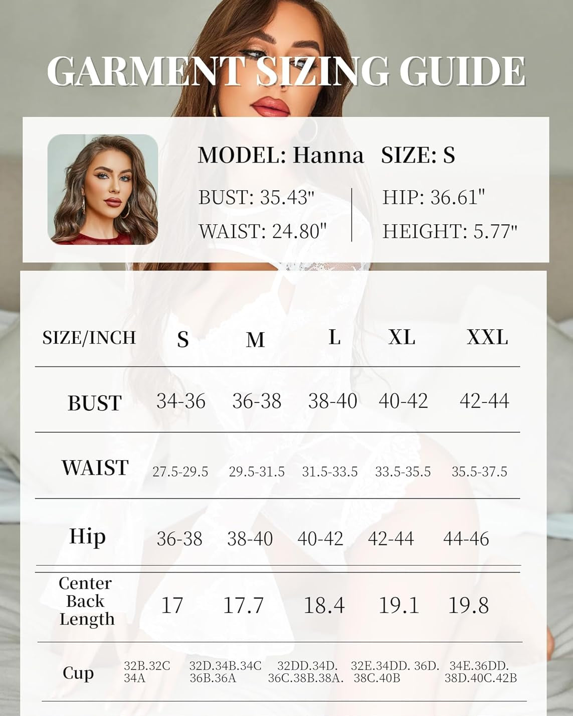 Lace bodysuit sizing guide, model Hanna, bust 35.43", waist 24.80", sizes S-XXL, perfect fit