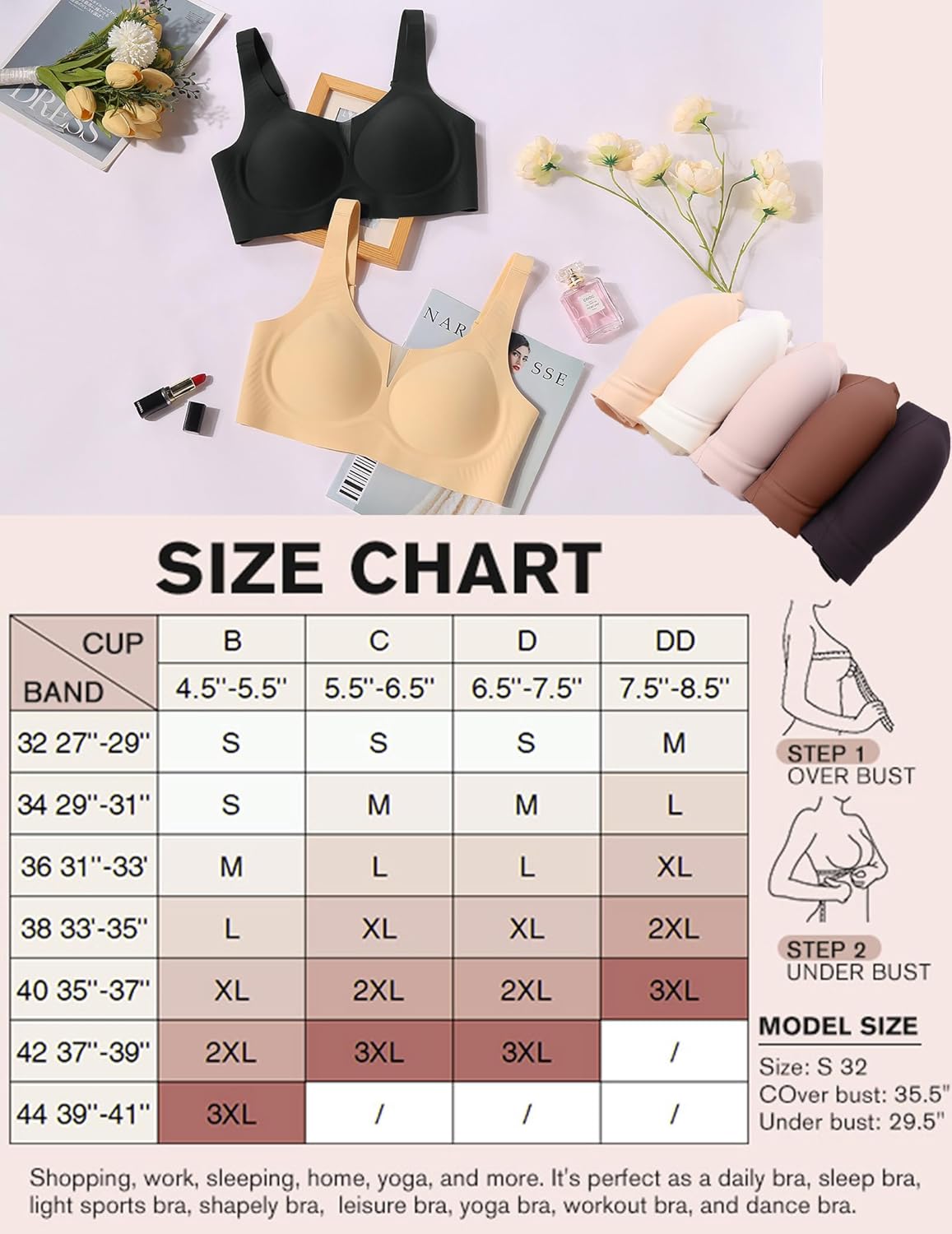 Seamless deep V comfort bra, black and beige, size chart included, full coverage, wireless design