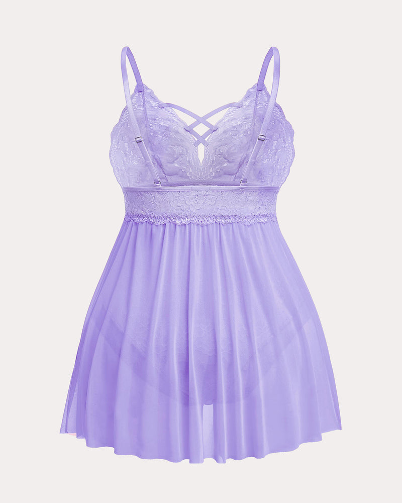 Plus Size Lilac Babydoll Lingerie with Criss-Cross Lace Cups and Adjustable Straps