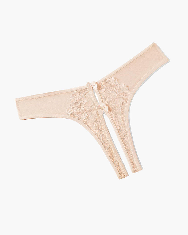 Beige mesh panties briefs with lace and bow details, designed for charm and comfort.