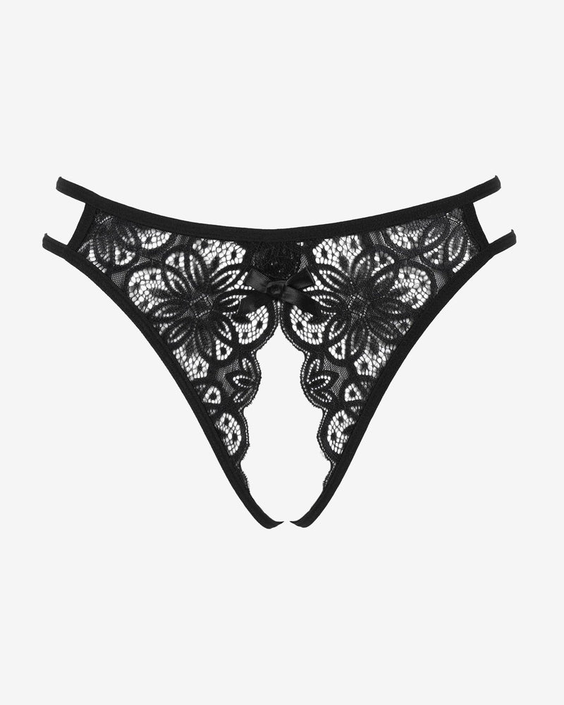 Black floral lace briefs with a cute bow, low-rise design, and soft, stretchable material