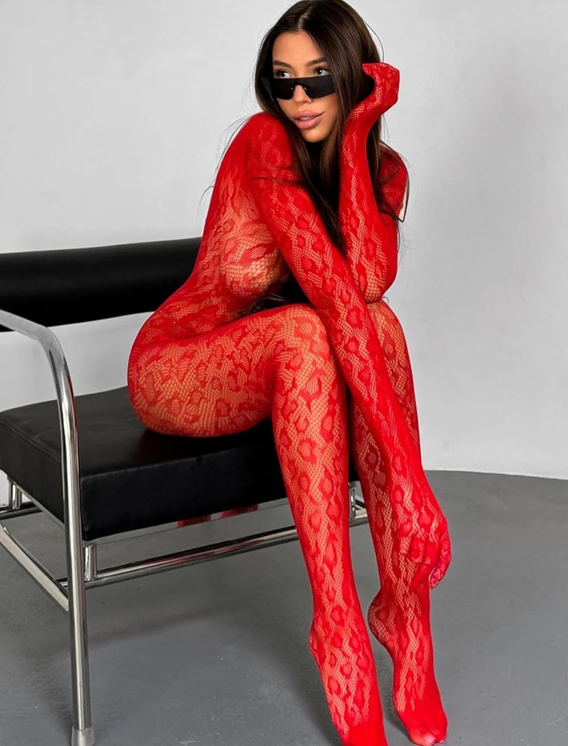 Sexy red fishnet bodysuit with snake-skin pattern. Perfect for rave parties and date nights.