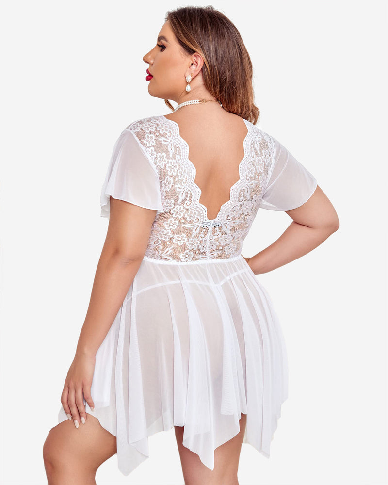White plus size babydoll lingerie with floral lace back, deep V-neck, and flowing asymmetrical hem