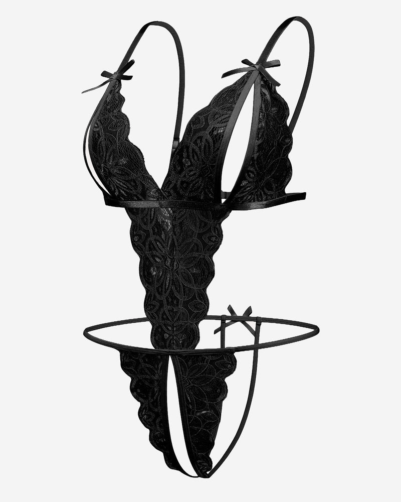 Black floral lace bodysuit with deep V-neck, crotchless, bow details. Sexy lingerie for women.