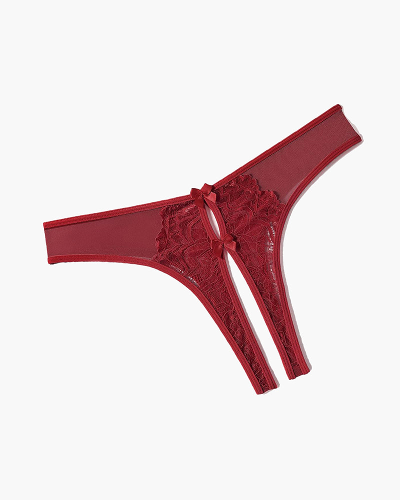 Burgundy mesh panties briefs with lace and bow details, designed for charm and comfort.