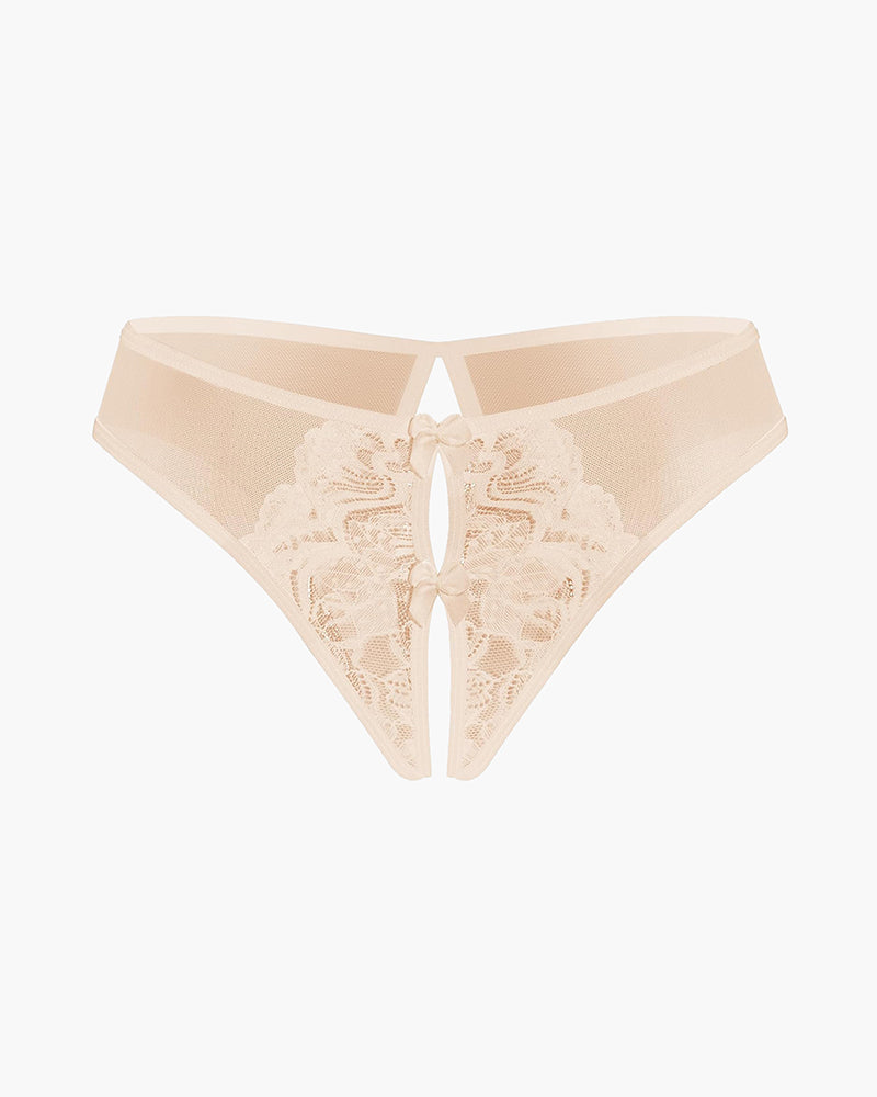 Beige mesh panties briefs with lace detailing and cute bows, designed for charm and comfort.