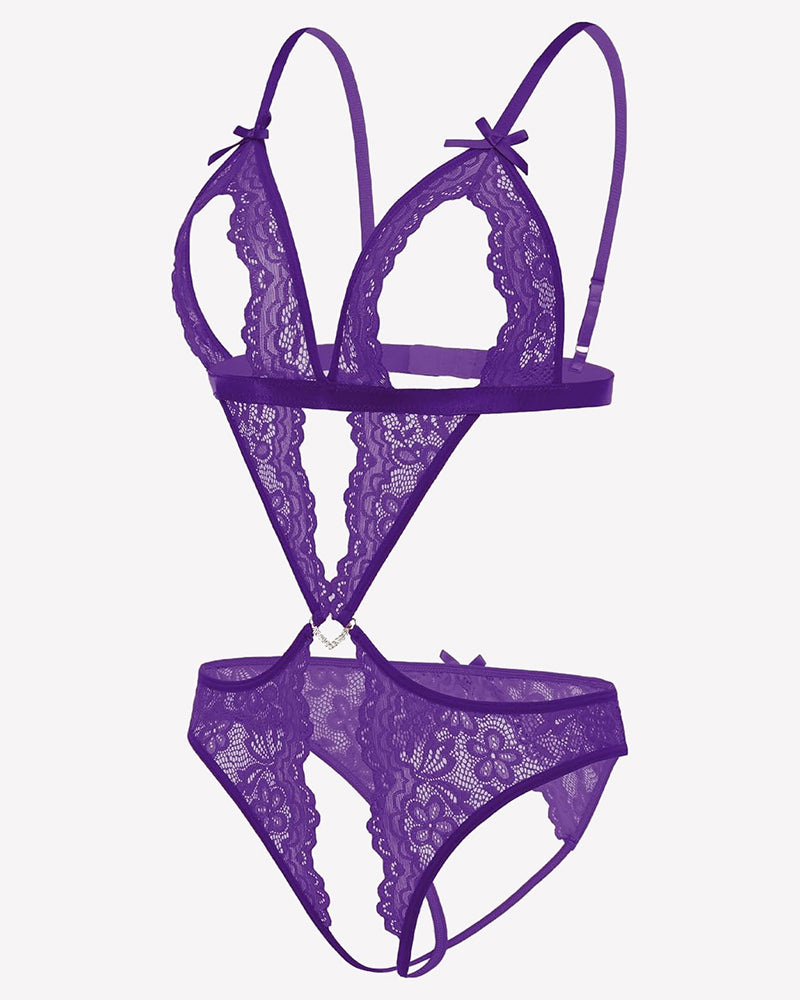 Purple lace deep V teddy bodysuit, open sides, delicate lace, wedding night lingerie.