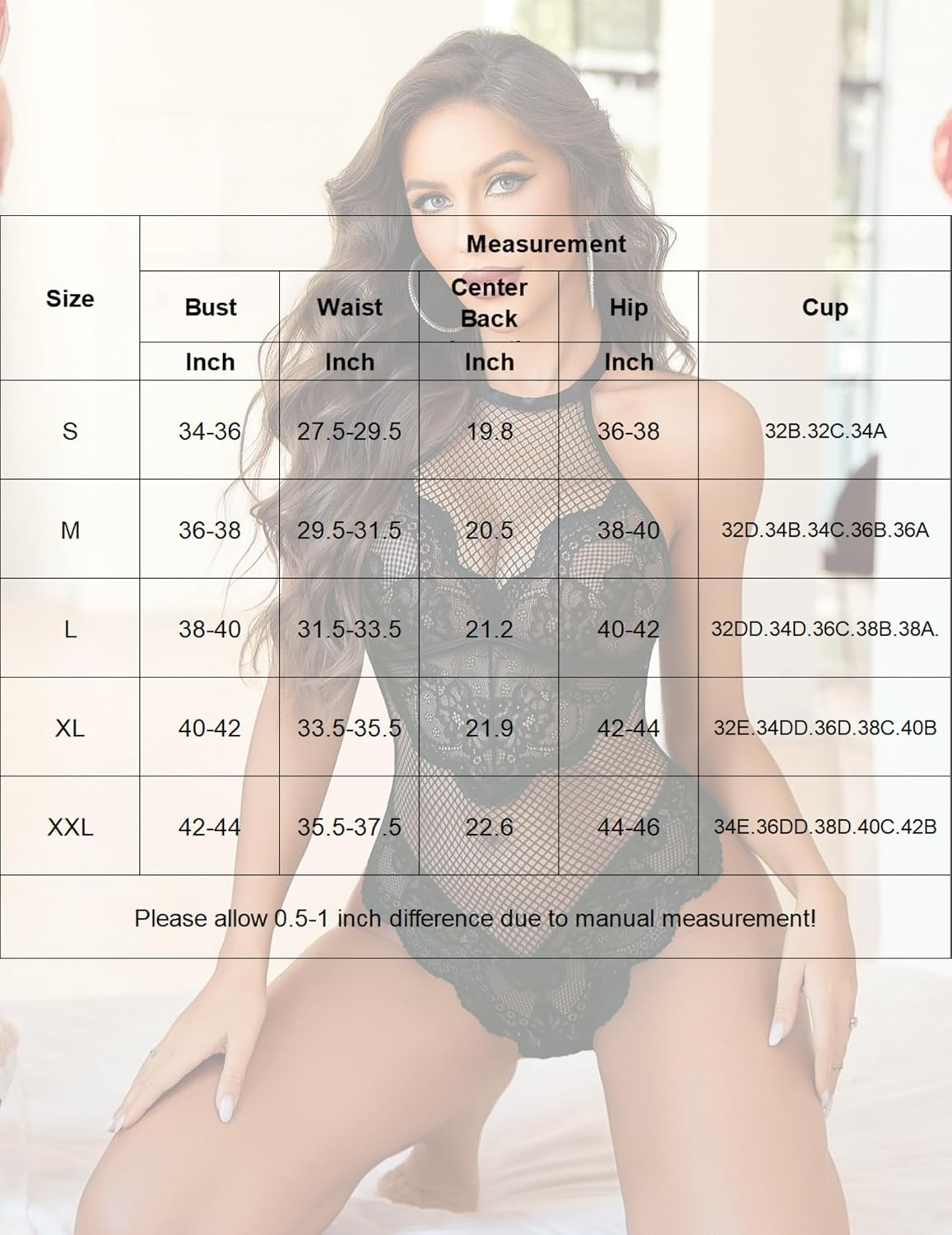 Black mesh teddy size chart, Avidlove lingerie, measurements for S-XXL