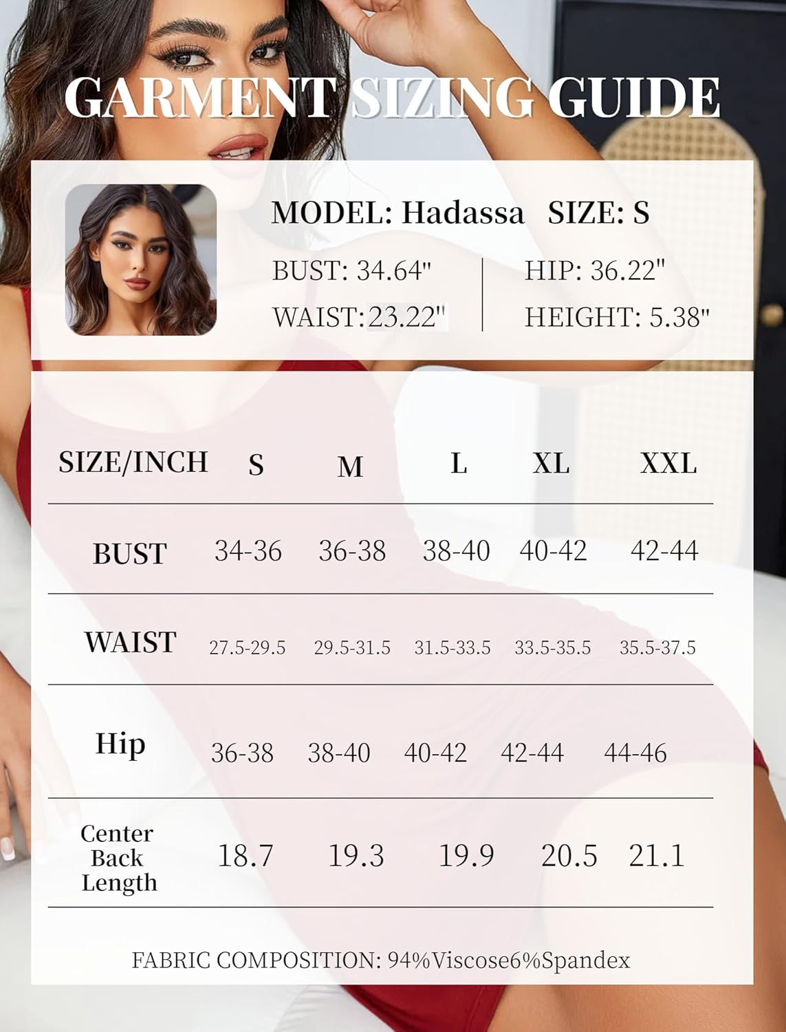 Lingerie size guide with model measurements and fabric details: 94% Viscose, 6% Spandex