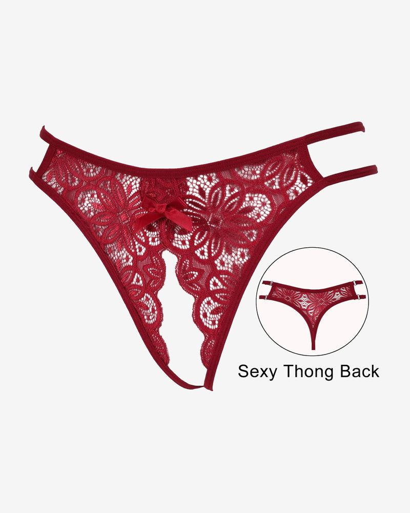 Red floral lace thong briefs with bow detail. Sexy low-rise design. Featuring a sexy thong back.