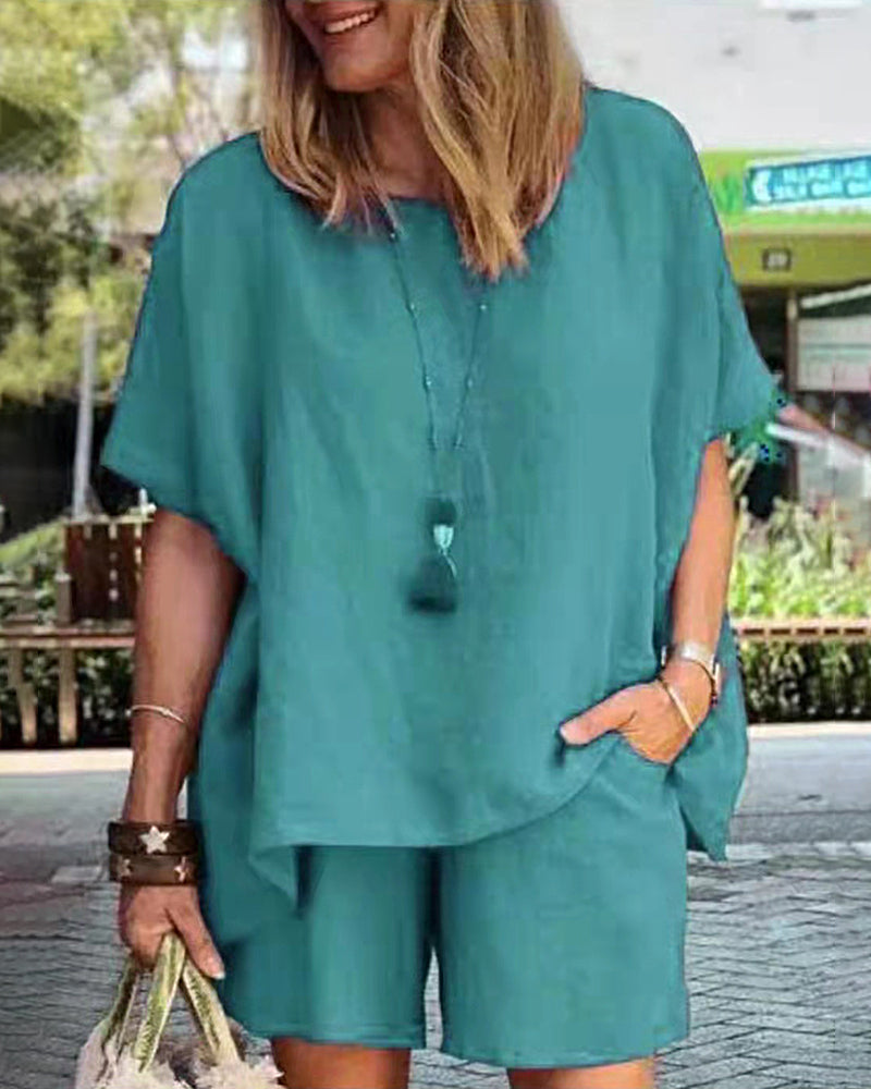 Teal linen-blend two-piece shorts set for women, casual style, perfect for leisure and daily wear