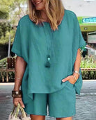 Two Piece Outfits Solid Color Short Sleeve Blouse Casual Retro Loose Shorts Sets