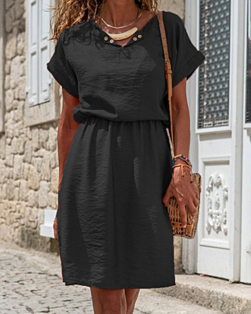 Black splicing mid dress, cotton linen blend, short sleeves, elastic waist, perfect for vacation