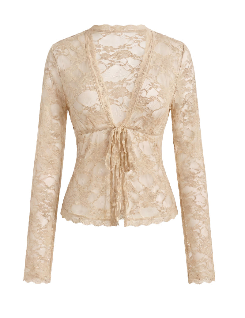 Champagne sheer floral lace long-sleeve cardigan with deep V tie-front
