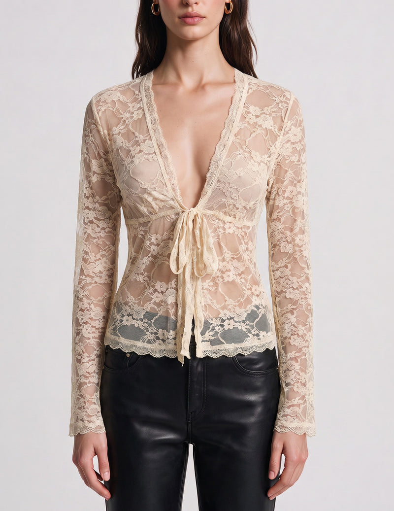 Champagne sheer lace V-neck tie-front cardigan with long sleeves, scalloped edges
