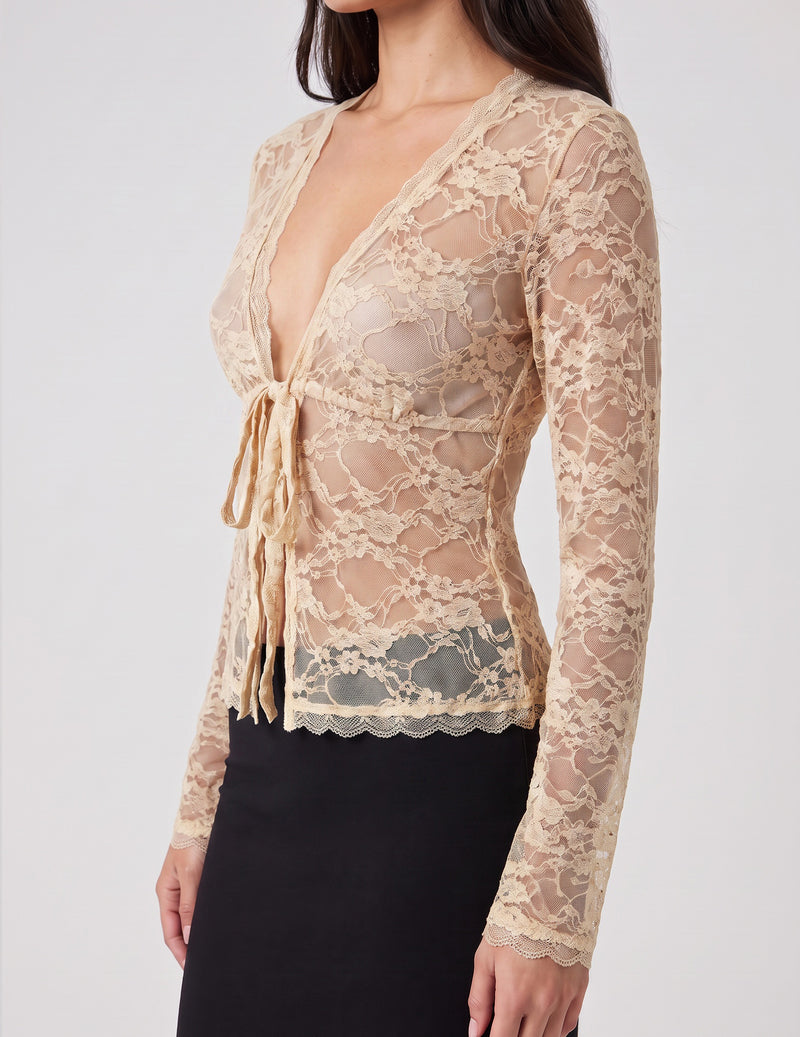 Champagne sheer floral lace cardigan with deep V tie-front and long sleeves