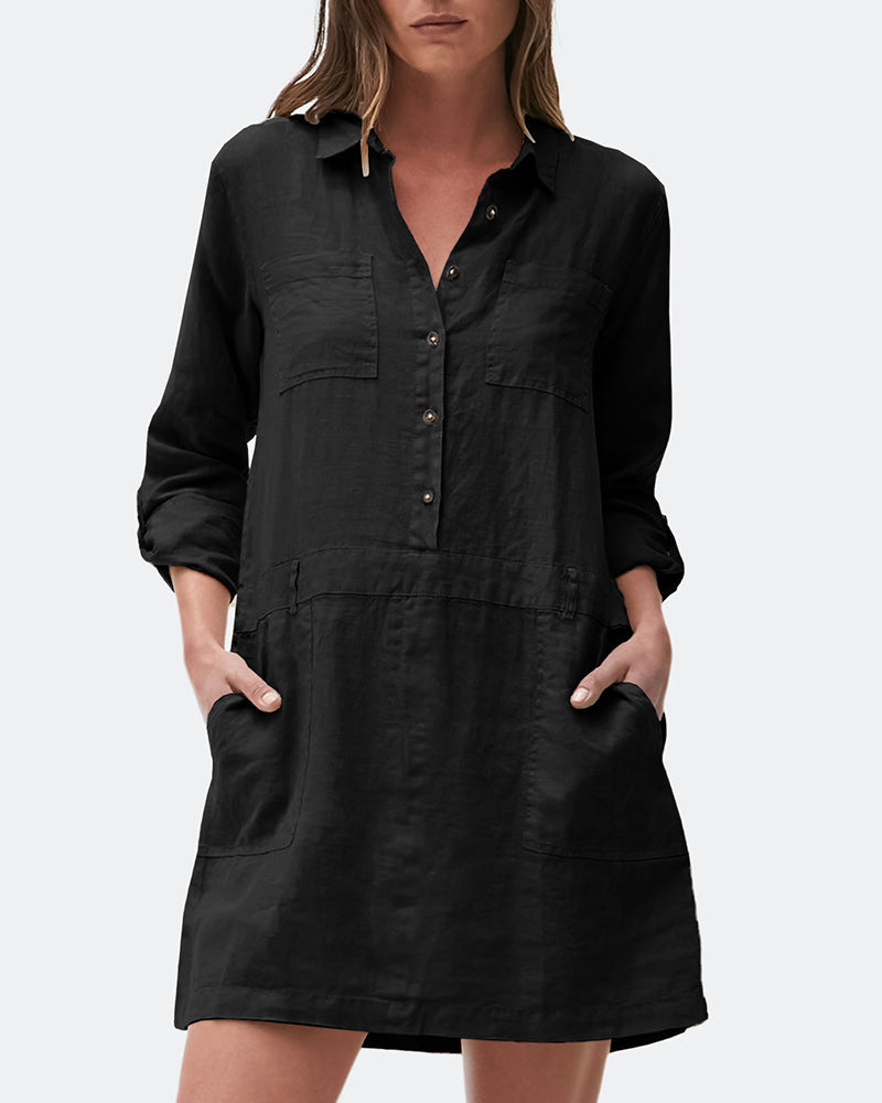 Black cotton linen midi dress with long sleeves and pockets, perfect for casual wear.