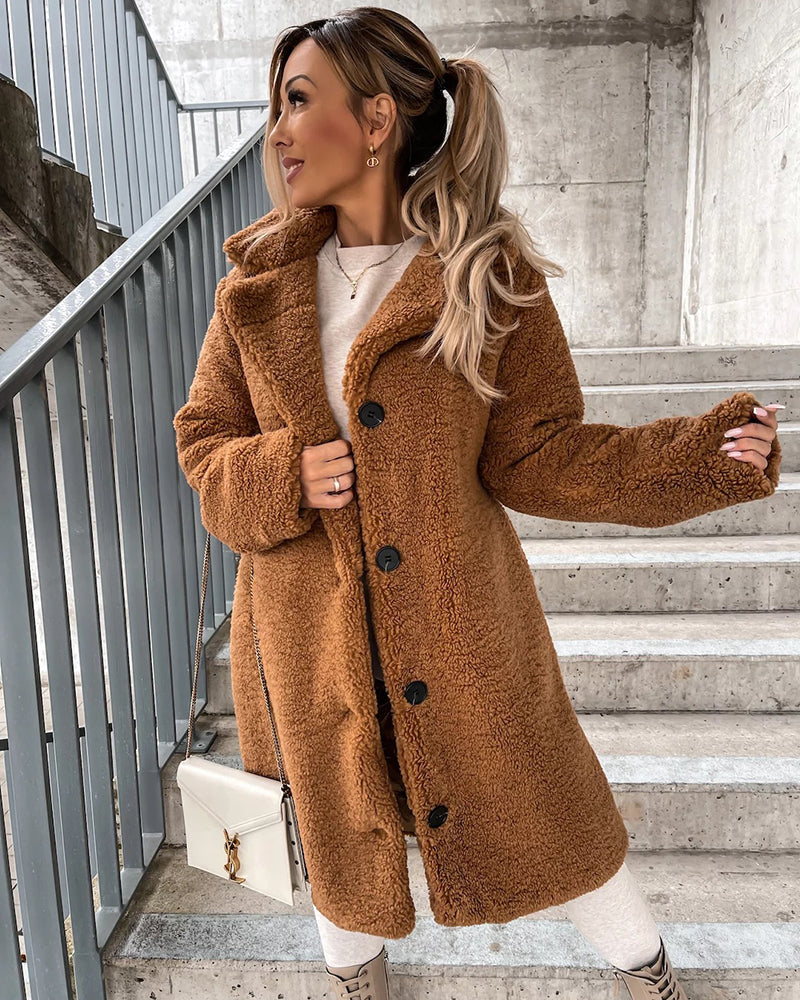 Brown plush faux fur coat jacket, longline design, button detail, perfect for casual wear