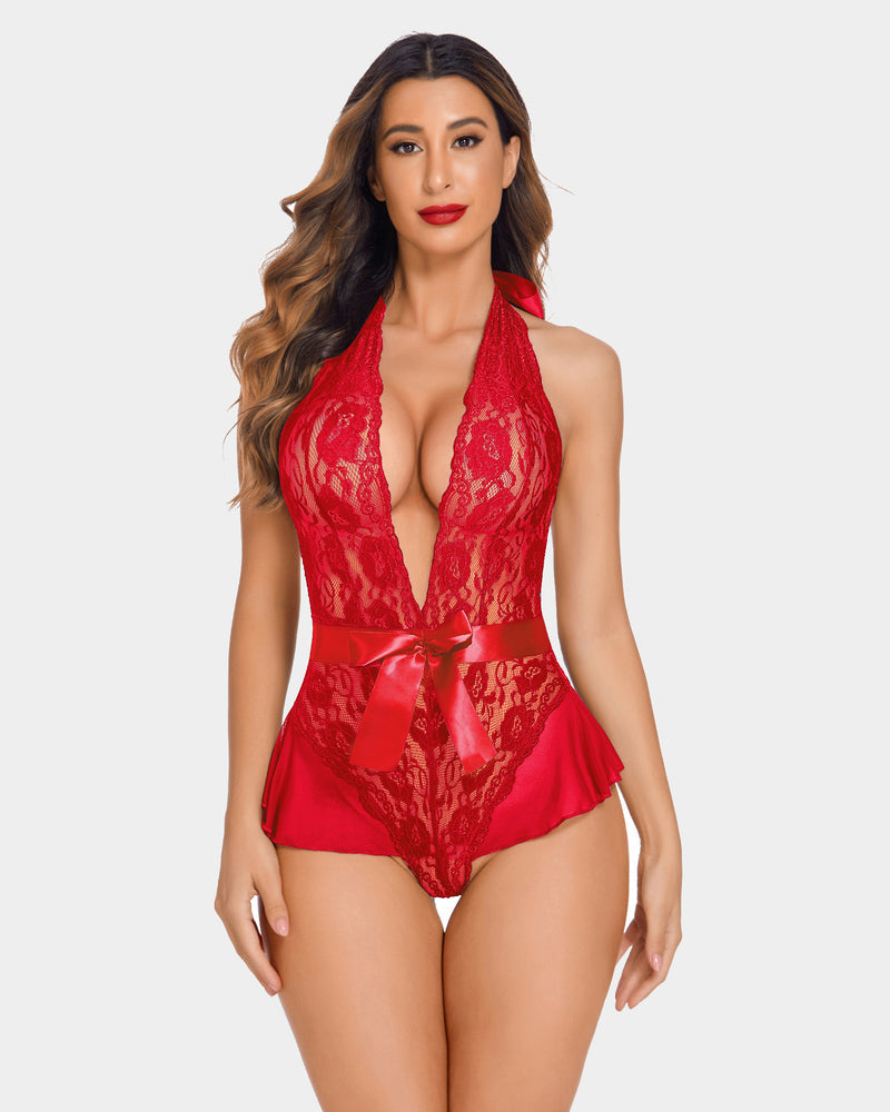 Red lace halter V neck lingerie bodysuit with satin bow detail, elegant and sexy.