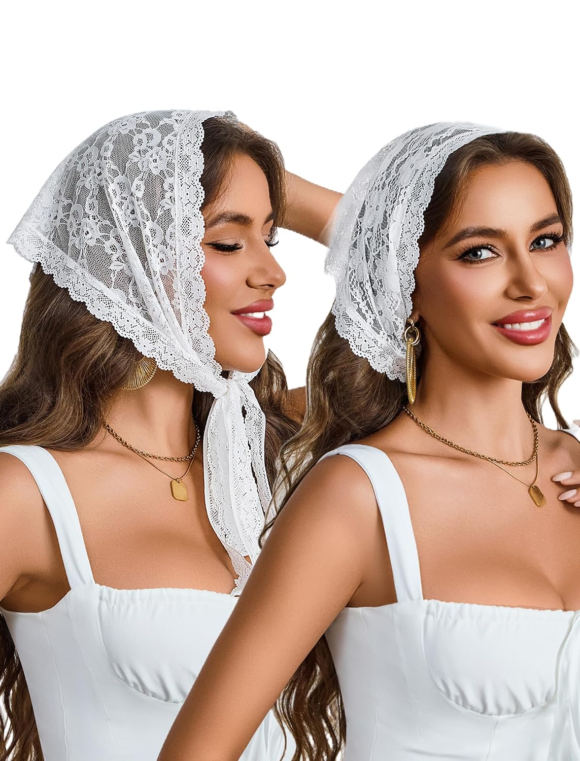 White lace triangle head scarves on two women, draped over hair with scalloped trim