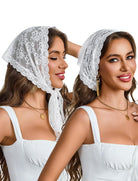 White lace triangle head scarves on two women, draped over hair with scalloped trim
