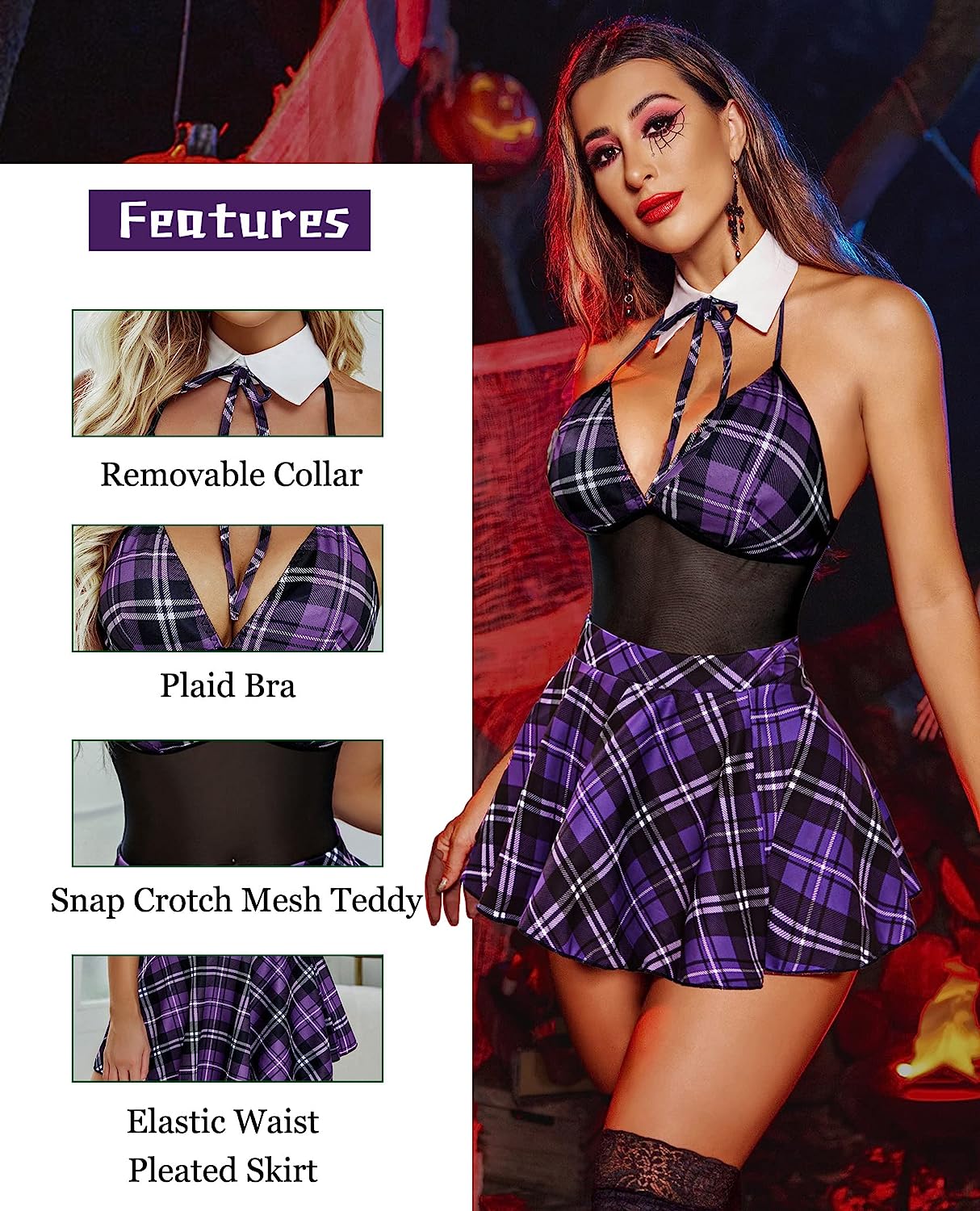 Purple plaid schoolgirl lingerie set: halter top, mini skirt, removable collar, roleplay costume.
