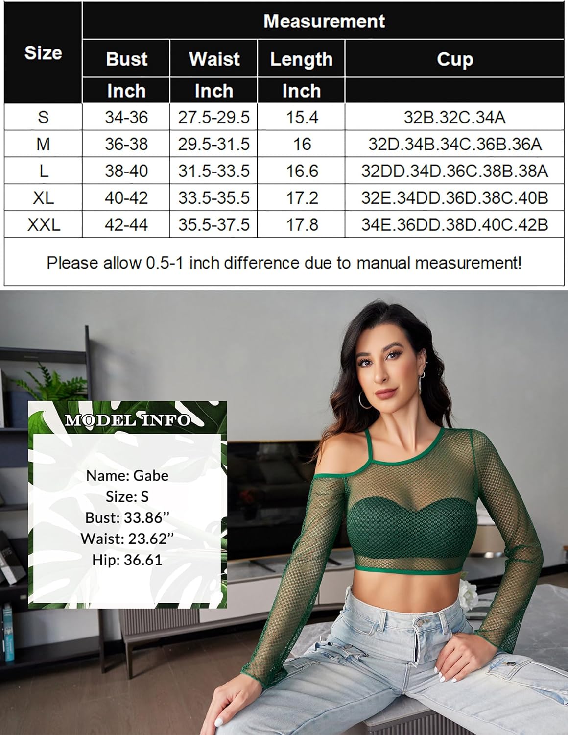 Green fishnet asymmetrical crop top, model Gabe in size S, size chart with bust, waist measurements.