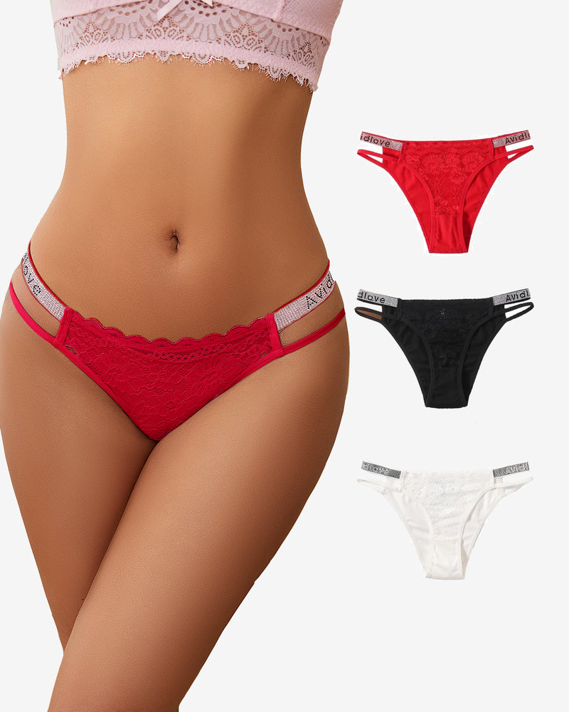 Avidlove Cotton Panties Floral Lace Hipster in red, black, and white with rhinestone straps.