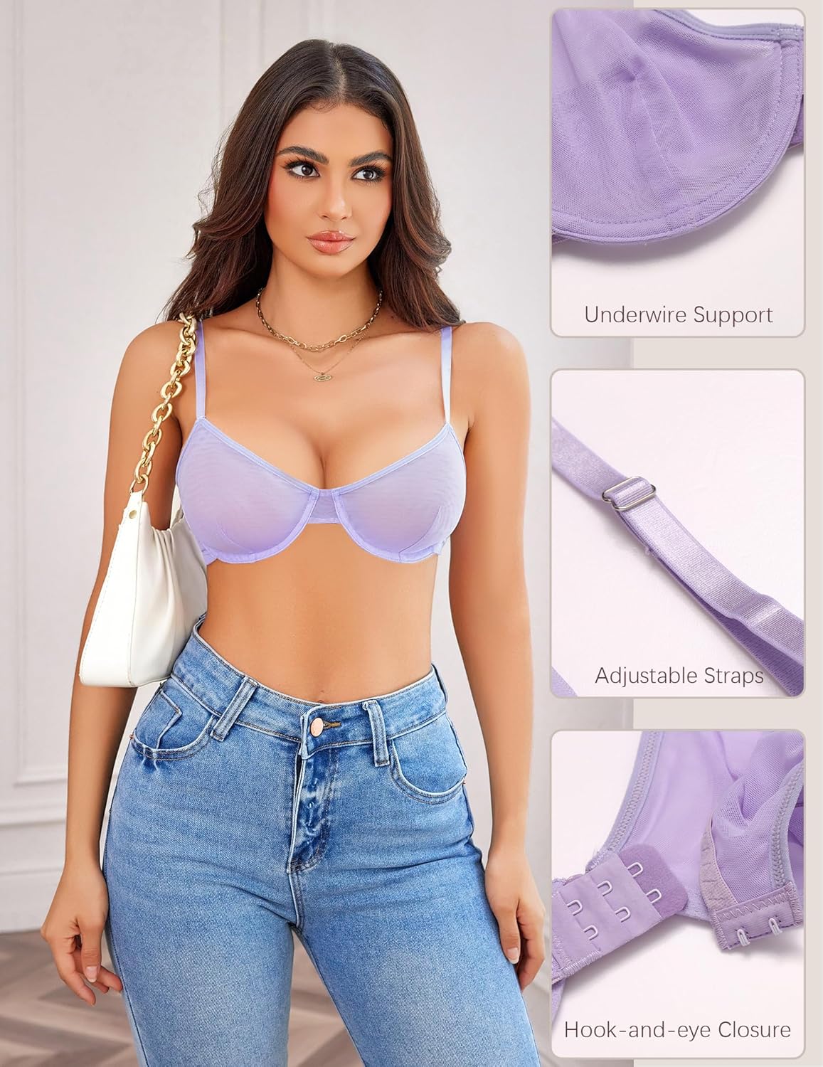 Lavender sheer mesh bra with adjustable straps; stylish lingerie, highlighting natural contours.