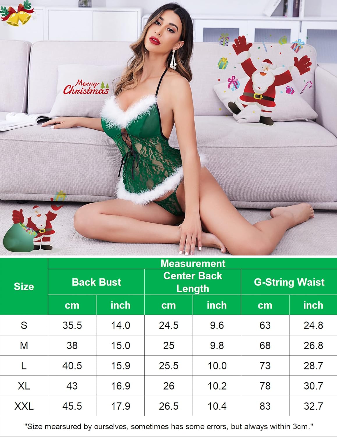 Christmas Santa green lace teddy lingerie with feather trim, for honeymoon, and size chart.
