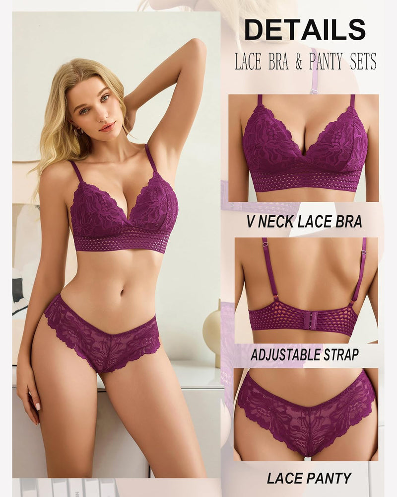 Plum floral lace lingerie set with adjustable straps. V neck lace bra and lace panty.