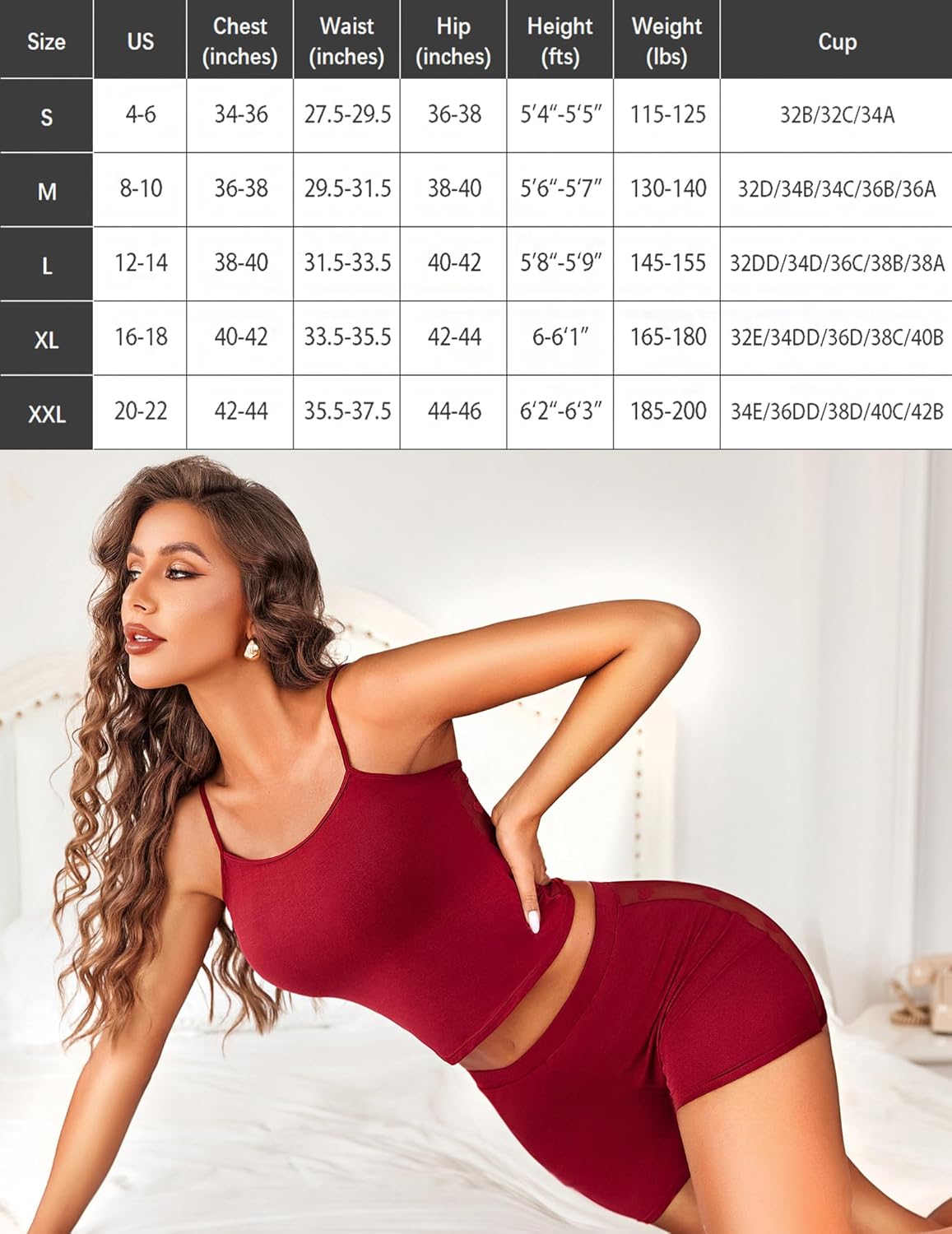 Red spaghetti strap pajama set for women, size chart included. Comfortable and sexy sleepwear.