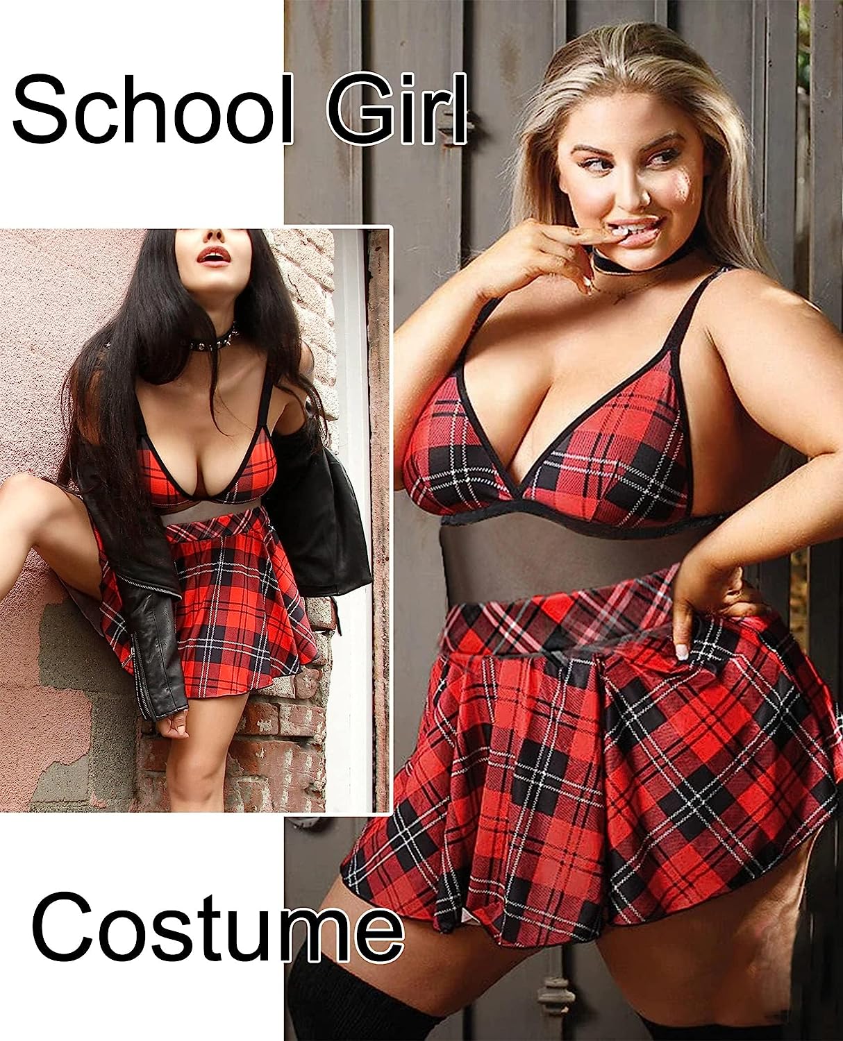 Red plaid schoolgirl cosplay lingerie set with halter top and mini skirt.