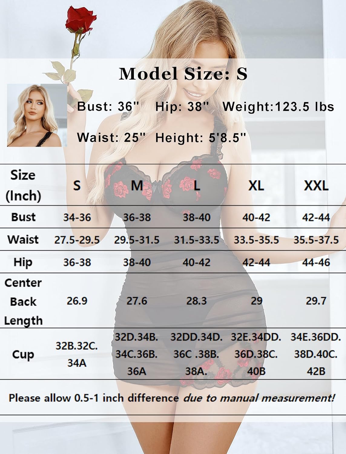 Avidlove mesh chemise size chart: bust, waist, hip, and cup measurements for S-XXL sizes.