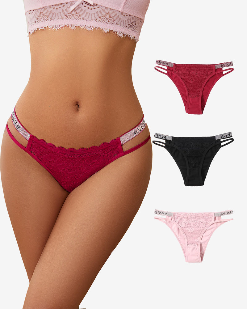 Avidlove low-rise floral lace hipster panties with rhinestone straps in multiple colors.